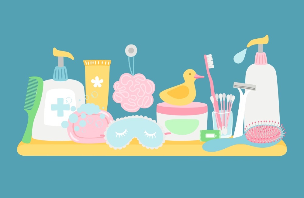 藍色背景下的浴室衛生配件與化妝品矢量圖 零售美學與實用性的融合